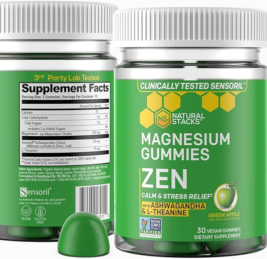 Zen Magnesium Gummies - 200mg Magnesium Citrate & 125mg Sensoril Ashwagandha Gummies - with L Theanine for Calm & Stress Support - Mag Citrate and Ashwagandha Supplement - 30 Green Apple Chewables