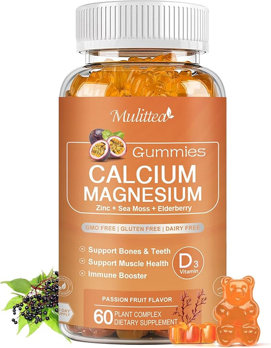 Calcium Gummies with D3,Zinc - Plant Complex Calcium Magnesium Supplement with Glycinate,Potassium,Vitamin C &Whole Natural Food for Bone & Immune Support- Chewable Gummy Sugar-Free -(1pack)