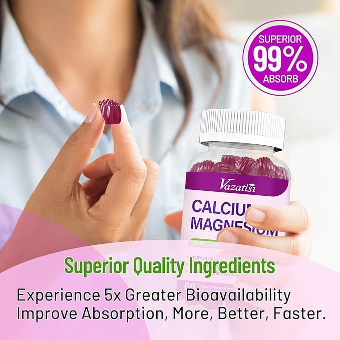 Calcium Magnesium Zinc Gummies with Vitamin D3 and K2, High Absorption Magnesium Glycinate Potassium for Immune and Muscles, Vegan Elderberry Flavor 60 Gummies