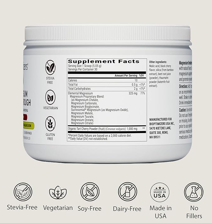 BIOptimizers Magnesium Breakthrough Drink - 8 Forms of Magnesium, Electrolytes, Sleep Health, Stress, Muscle Recovery, Heart Support | Glycinate, Citrate, Malate- Tart Cherry
