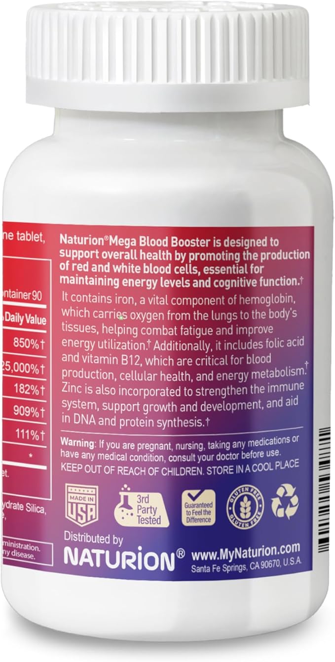 Mega Blood Booster - Dietary Supplement for White and Red Blood Cell Support with Iron, Selenium, Zinc, Vitamin B12 & Folic Acid - 90 Tablets, 90 Day Supply