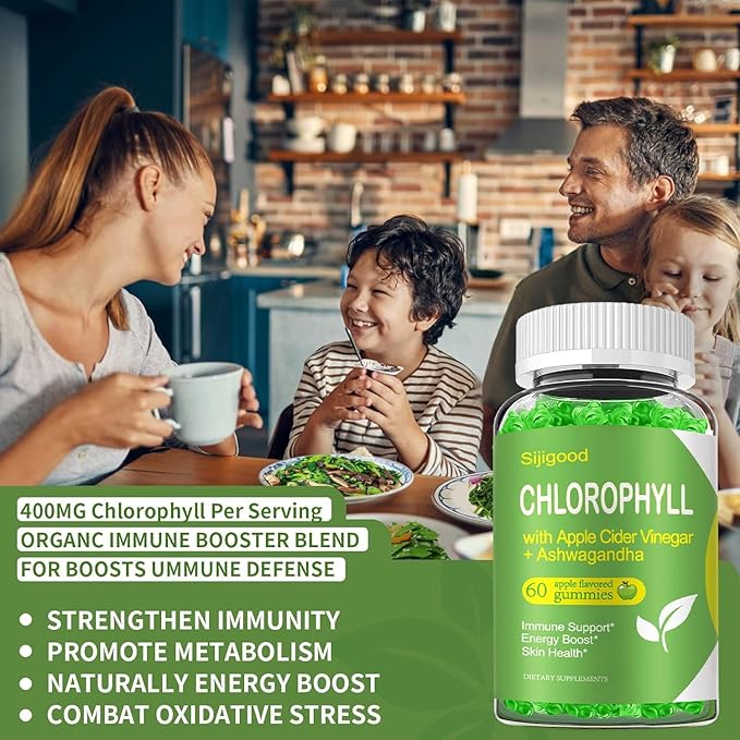 Chlorophyll Gummies with Black Seed Oil, Moringa, Probiotic for Body Odor, Digestion, Skin, Hair, and Immunity Support - Adults Kids Women Men, 60 Apple Flavored Gummies