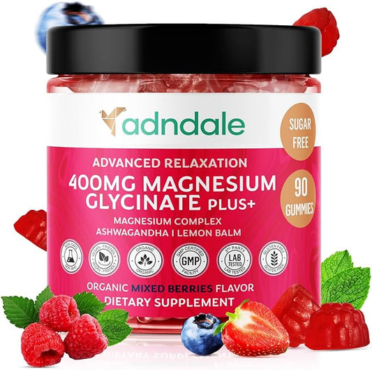 90 CT Magnesium Glycinate Gummies 400 mg/Serv - with Ashwagandha, Magnesium Malate & Taurate - Sugar Free Chews for Adults & Kids Relaxation, Stress Relief, Night Rest, Muscle & Cardio Support