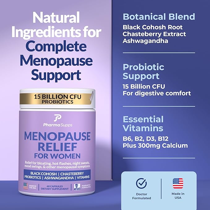 Natural Menopause Supplements for Women - Perimenopause Supplements for Hormonal Balance, Bloating & Mood Swings | Hot Flashes Menopause Relief w/Probiotics & Prebiotics, Black Cohosh & Chasteberry