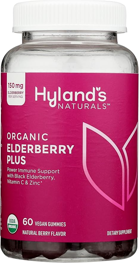 Hyland's Organic Elderberry Plus Gummies, Organic Black Elderberry with ZINC and Vitamin C, Immune Support Supplement for Adults, 60 Vegan Gummies (30 Days)
