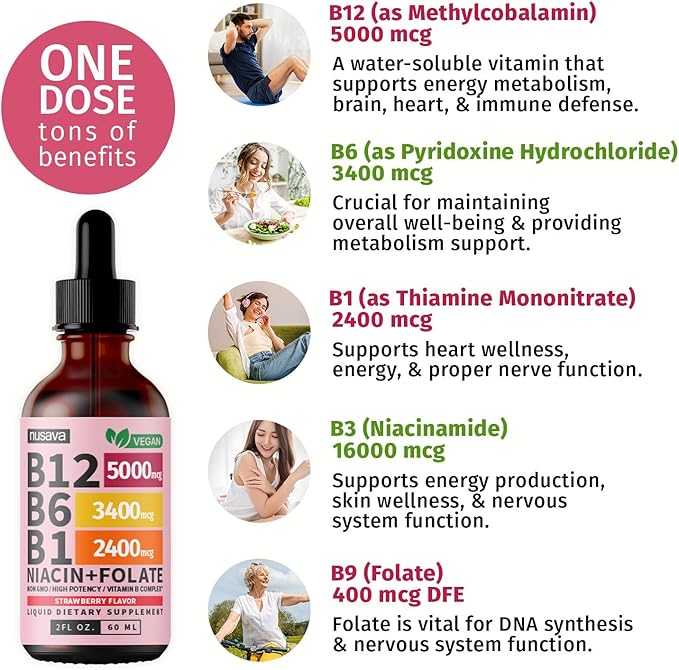 (4 Pack) Vitamin B12 and B6 Liquid Drops, B12 Sublingual Vitamin B Complex - B 12 Vitamin 5000mcg - B12 Methylcobalamin for Energy, Brain, and Heart Support with 27,200 mcg, Strawberry, 80 Servings