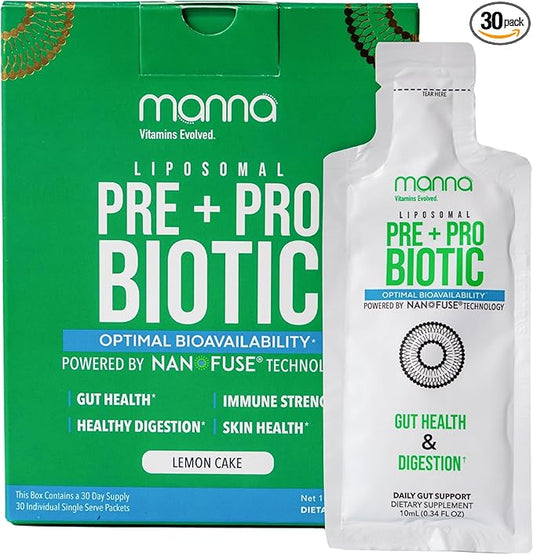 Manna Liposomal Prebiotic + Probiotic Packets – 40 Billion CFU, 8 Strains – Gut, Digestive & Immune Support – High Absorption, Non-GMO, Shelf-Stable, Daily Supplement, 30 Single Serves
