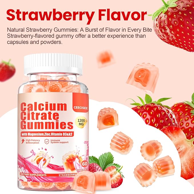 Calcium Citrate Gummies 1200mg for Adults: Ultimate Absorption Calcium Magnesium D3 K2 Supplement for Women & Men - Supports B0ne Strength, Immune(60Count)