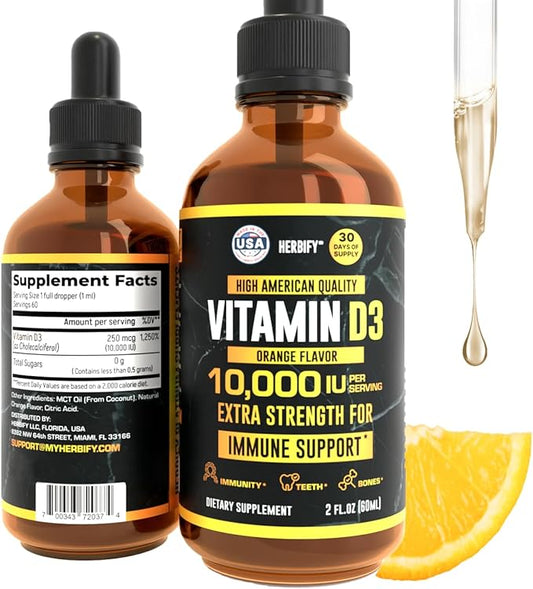 HERBIFY Vitamin D3 10000 IU - Made in USA Liquid Vitamin D Drops - Bone Strength and Immune Support Supplement - Sunshine Replacement - D3 Vitamin Bone and Teeth Supplement - 2 Oz