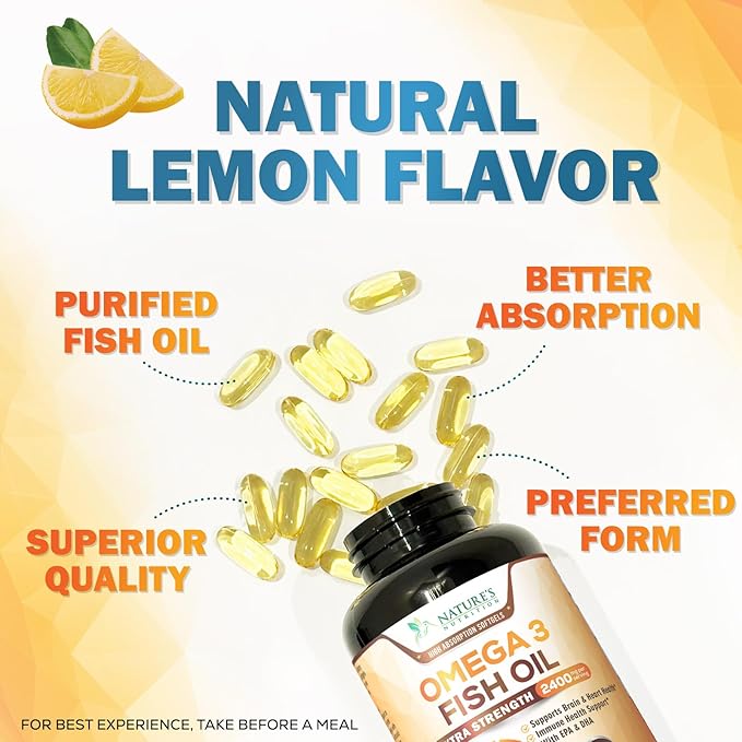 Triple Strength Omega 3 Fish Oil - 2400 mg Natural Omega-3 Supplements Support Brain, Heart & Joint Health with EPA & DHA Essential Fatty Acids - Lemon Flavor, Burpless, Wild Caught - 180 Softgels