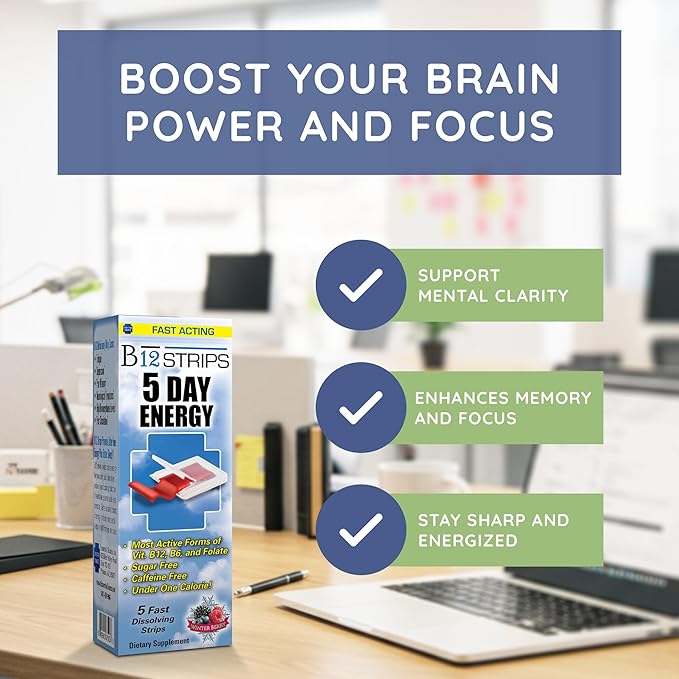 2,000 mcg Methylcobalamin Vitamin B12 Sublingual Energy Strips | Biotin, B6, 5-MTHF L-Methylfolate | Sublingual B12 Vitamins, Folate | Energy, Brain Health, Nerve Function - 5 Strips