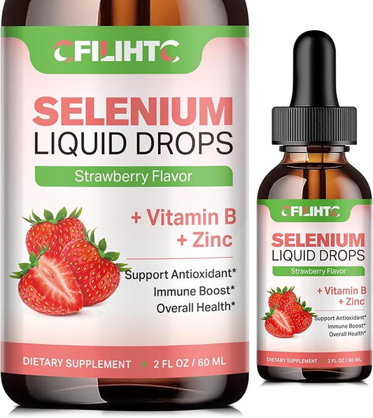 Selenium Liquid Drops - 200mcg Liquid Selenium Supplement with Vitamin B Complex & Zinc - Support for Immune System, Antioxidant & Heart Health, High Absorption - Strawberry Flavor, 2 Fl Oz
