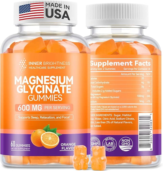 Magnesium Glycinate Gummies 600mg, Non-GMO, Gluten-Free, Magnesium Gummies for Adults & Kids, Sleep, Relaxation & Focus, Orange Flavor, 60 Count