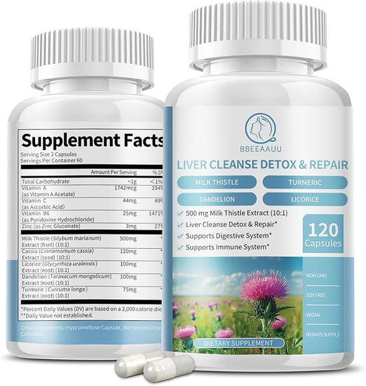 Milk Thistle Supplement Capsules, Liver Health Formula, with Dandelion Root, 10:1 Extract, for Liver Detox Cleanse Support, Digestive & Immune System (120 Count (Pack of 1))