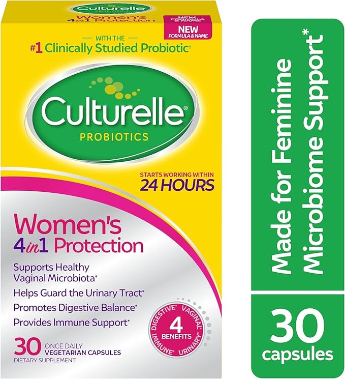 Culturelle 4-in-1 Probiotics for Women, Daily Probiotic & Prebiotic Supplement to Support Vaginal Health, Digestive Health, Immune Health, Occasional Diarrhea, Gas & Bloating Relief, Non-GMO, 30 Count