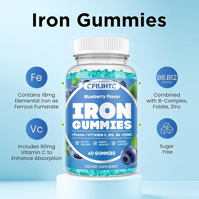2 Pack Iron Gummies for Adults & Kids Iron Supplement Strawberry Blueberry Flavor
