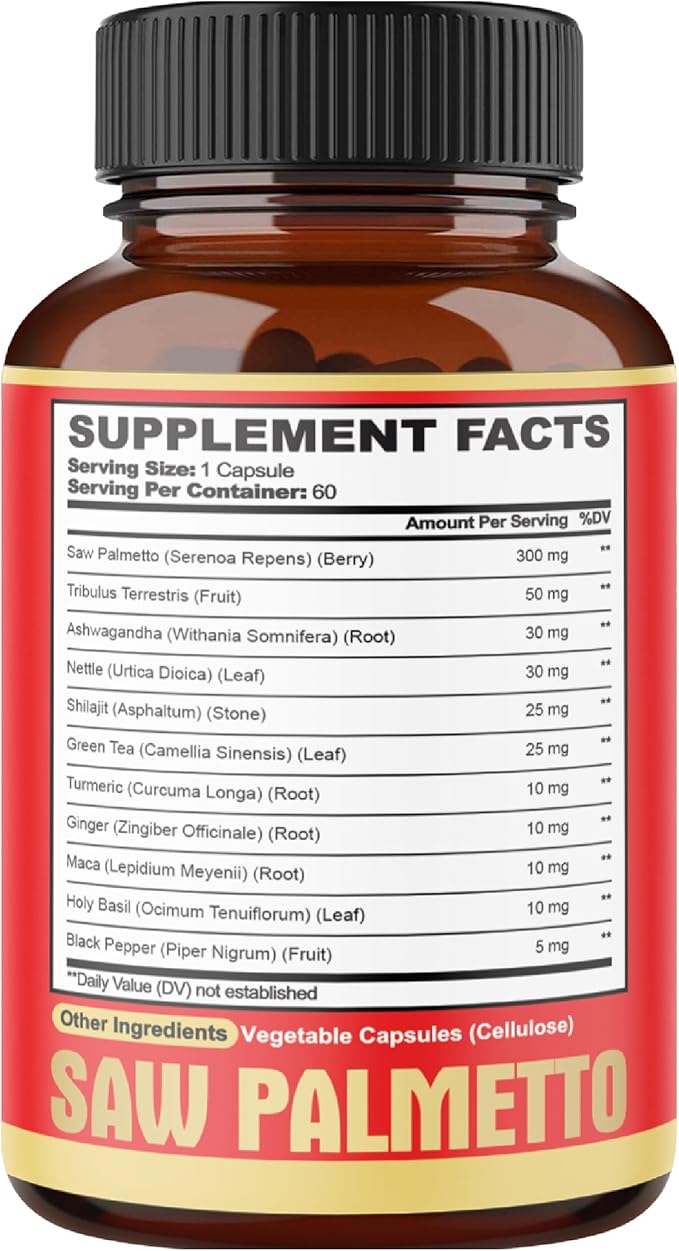 2 Packs 60 Counts 4 Months - Saw Palmetto Capsules 5300 mg - 11in1 with Ashwagandha, Turmeric, Tribulus, Maca, Green Tea, Holy Basil & More - Extract for Prostate, Skin & Immune Support