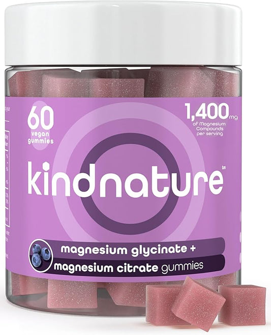 Kind Nature Magnesium Glycinate & Citrate Gummies – Calm Magnesium Complex for Sleep, Stress, Cramps & Digestion – Chewable Vegan Magnesium Supplement for Women, Teens, Adults – 60 Ct