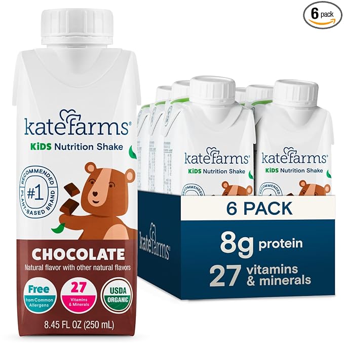KATE FARMS Organic Pediatric Kids Nutrition Shake, Chocolate, 8g protein, 27 Vitamins and Minerals, Meal Replacement, Protein Shake, Gluten Free, Non-GMO, 8.45 oz (6 Pack)
