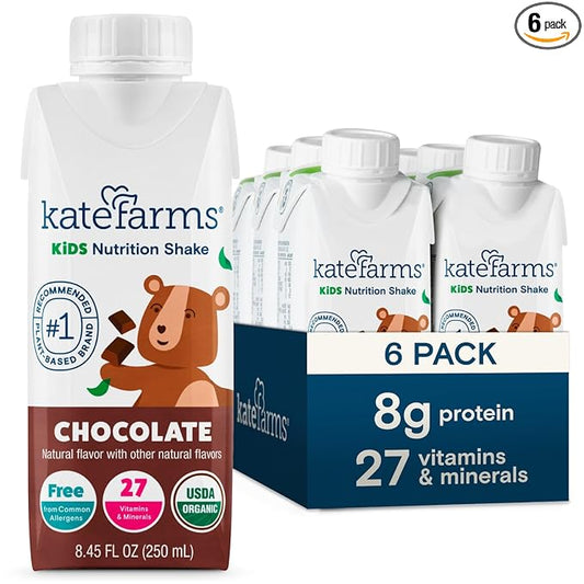 KATE FARMS Organic Pediatric Kids Nutrition Shake, Chocolate, 8g protein, 27 Vitamins and Minerals, Meal Replacement, Protein Shake, Gluten Free, Non-GMO, 8.45 oz (6 Pack)
