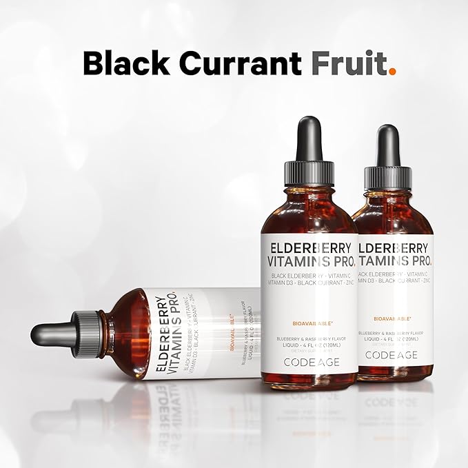 Codeage Elderberry Vitamins Pro - Organic Black Elderberry Liquid Drops - Vitamin C, Vitamin D3, Zinc, Black Currant - 2-Month Supply - Black Sambucus Liquid - Supplement for Adults & Kids - 4 fl oz