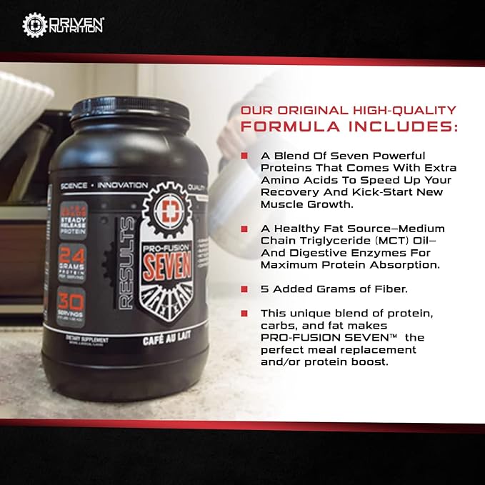 Driven Pro Fusion 7 Meal Replacement Powder - Men & Women, 3 lbs - 24g Protein Per Serving, Digestive Enzymes & MCT Oil - Gluten-Free - On-The-Go Energy & Supports Muscle Mass - Cafe Au Lait