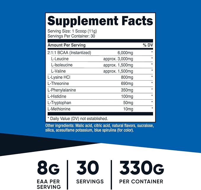 Nutricost EAA Powder 30 Servings (Blue Raspberry) - Essential Amino Acids - Non-GMO, Gluten Free, Vegetarian Friendly