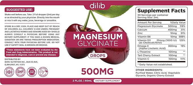 Magnesium Glycinate Supplement, Magnesium Glycinate Liquid Drops 500mg with Calcium, Zinc, Vitamin B6, D3, L-Theanine, Omega 3 for Sleep, Mood, Stress Relief, Bone, Muscle, Cherry Flavor
