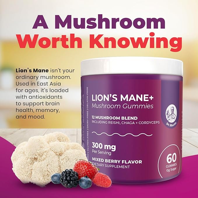 DR. MORITZ Lions Mane Gummies for Adults and Kids 4+ - Mushroom Gummies with 12-in-1 Blend Including Reishi & Chaga - Lions Mane for Kids and Adults - No Sugar Added, Non-GMO (60 Count)