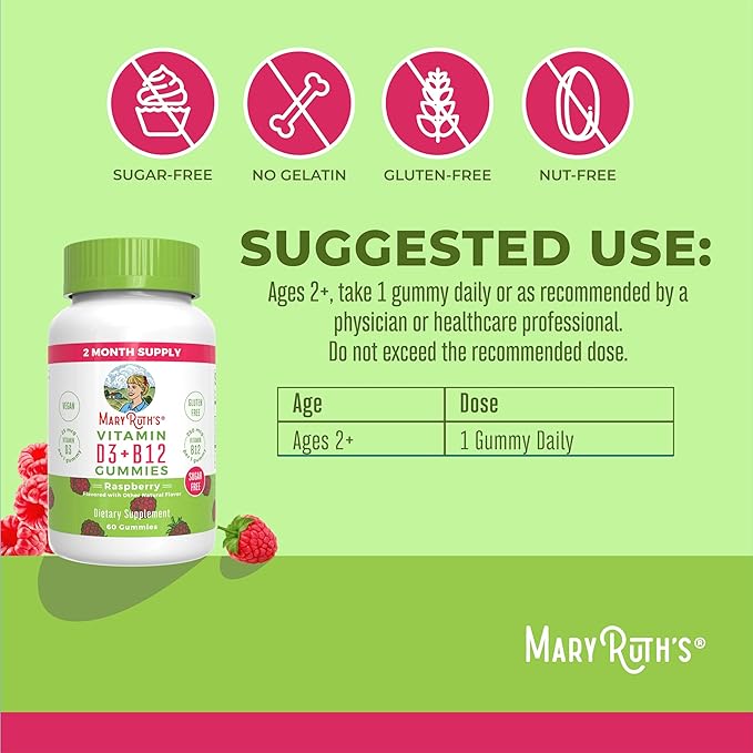 MaryRuth Organics Sugar Free | 2 Month Supply | Vitamin D & B12 Vitamin Supplements for Adults & Kids | Bone Health | Immune Support | Vegan | Non-GMO | 60 Servings
