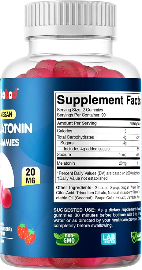 Melatonin 20mg Gummies - 180 Count - Drug Free - Natural Strawberry Flavor - Vegetarian, Non-GMO, Gluten Free (3 Bottles)