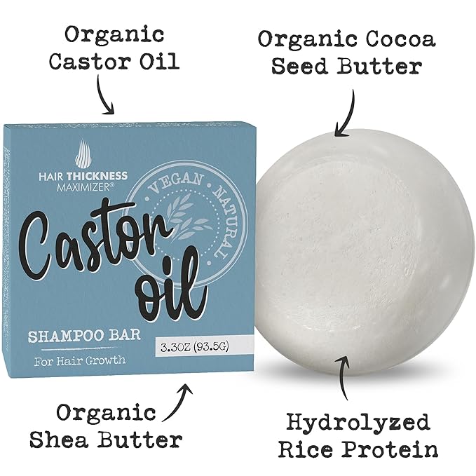 Castor Oil Shampoo Bar for Hair Growth & Strengthening - With Organic Castor Oil, Rice protein, Eco Friendly pH Balanced - Color Safe Castor Oil Solid Shampoo Bar with No Harsh Chemicals
