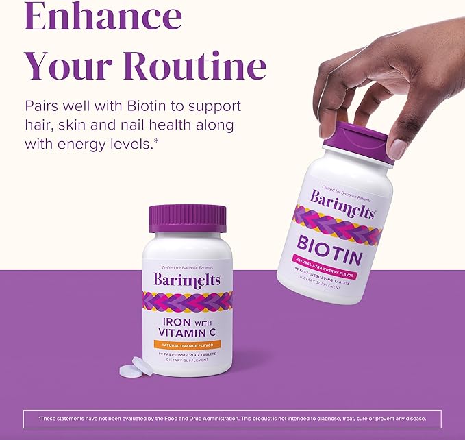 Barimelts Iron with Vitamin C, 90 Fast-Dissolving Tablets (1-Month Supply), Sugar-Free Bariatric Iron Supplement for Women, Natural Orange Flavor