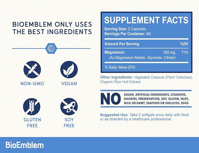 BioEmblem Triple Magnesium Complex | 300mg of Magnesium Glycinate, Malate, & Citrate for Muscles, Nerves, & Energy | High Absorption | Vegan, Non-GMO | 180 Capsules