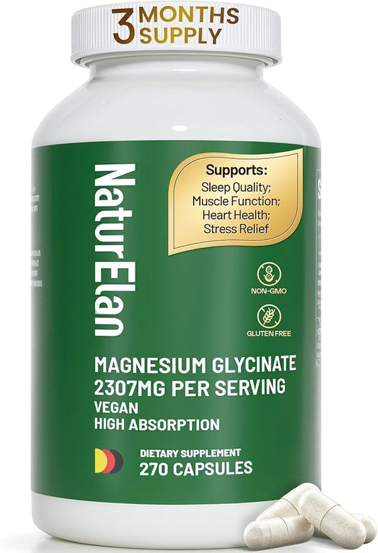 Magnesium Glycinate - 270 Capsules, 2307mg | 300mg Elemental Magnesium Supplement per Serving, High Absorption Formula for Sleep, Muscles&Energy Support, Third-Party Tested, Vegan, Non-GMO&Gluten Free