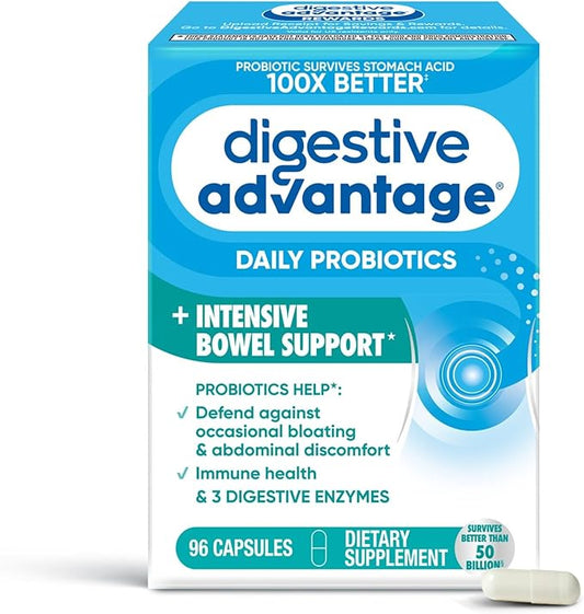 Digestive Advantage IBS Daily Probiotic Capsules for Digestive Health & Gut Health, Probiotics for Men and Women (96 Count Box) - Digestible Enzymes