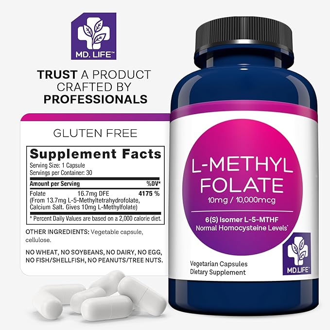 MD Life L-Methylfolate 10 mg - Professional-Grade Active Methylfolate Supplement - Maximum Potency MTHFR Supplements - L methylfolate 10mg 30 Capsules - Essential Amino Acids