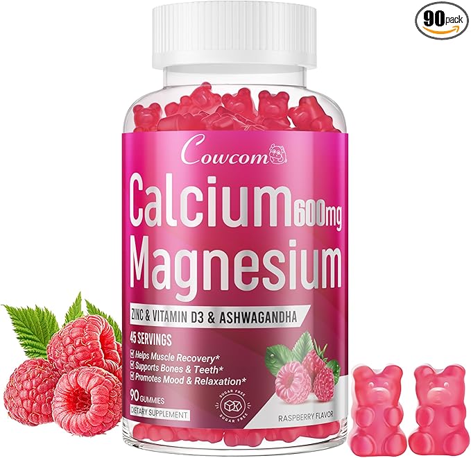 Calcium Magnesium Zinc Gummies for Kids Adults,High Absorption Magnesium Glycinate 300mg with Vitamin D3,B6,B12 for Bone,Muscles,Calm Mood,Sleep Support,Sugar-Free,Vegan,Raspberry Flavor,90 Counts