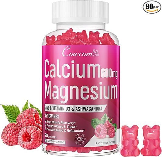 Calcium Magnesium Zinc Gummies for Kids Adults,High Absorption Magnesium Glycinate 300mg with Vitamin D3,B6,B12 for Bone,Muscles,Calm Mood,Sleep Support,Sugar-Free,Vegan,Raspberry Flavor,90 Counts