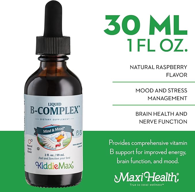 Maxi Health Kids Raspberry Liquid Vitamin B Complex - Vitamin Supplement with Vitamin B12 - Sublingual B Vitamins Complex Drops for Kids with B1 B2 B3 B5 B6 Biotin Folic Acid - 2 fl. Ounces