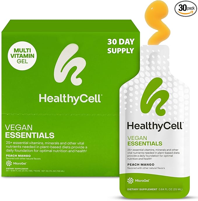 HealthyCell Vegan Essentials Daily Liquid Multivitamin Supplement with Iron and Choline – 25+ Essential Vitamins, Minerals & Nutrients for Brain & Heart Health, Immune Support & Energy - 30 Gel Packs