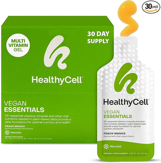 HealthyCell Vegan Essentials Daily Liquid Multivitamin Supplement with Iron and Choline – 25+ Essential Vitamins, Minerals & Nutrients for Brain & Heart Health, Immune Support & Energy - 30 Gel Packs