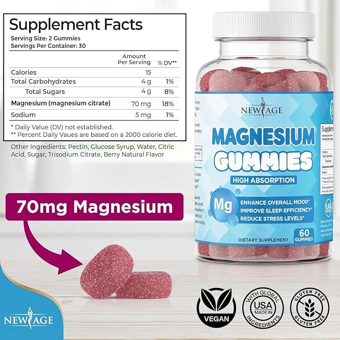 Magnesium Gummies - Calming Anti-Stress Gummies, Magnesium Supplement for Adults and Kids, Vegan, Gelatin-Free, Gluten-Free, Non-GMO, Delicious Natural Raspberry Flavor- 60 Count - by New Age