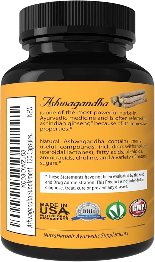 Ashwagandha Supplement Made with Premium Ashwaganda Root Powder 1200mg with Black Pepper Extract for Increased Absorption - 120 Vegi Capsules