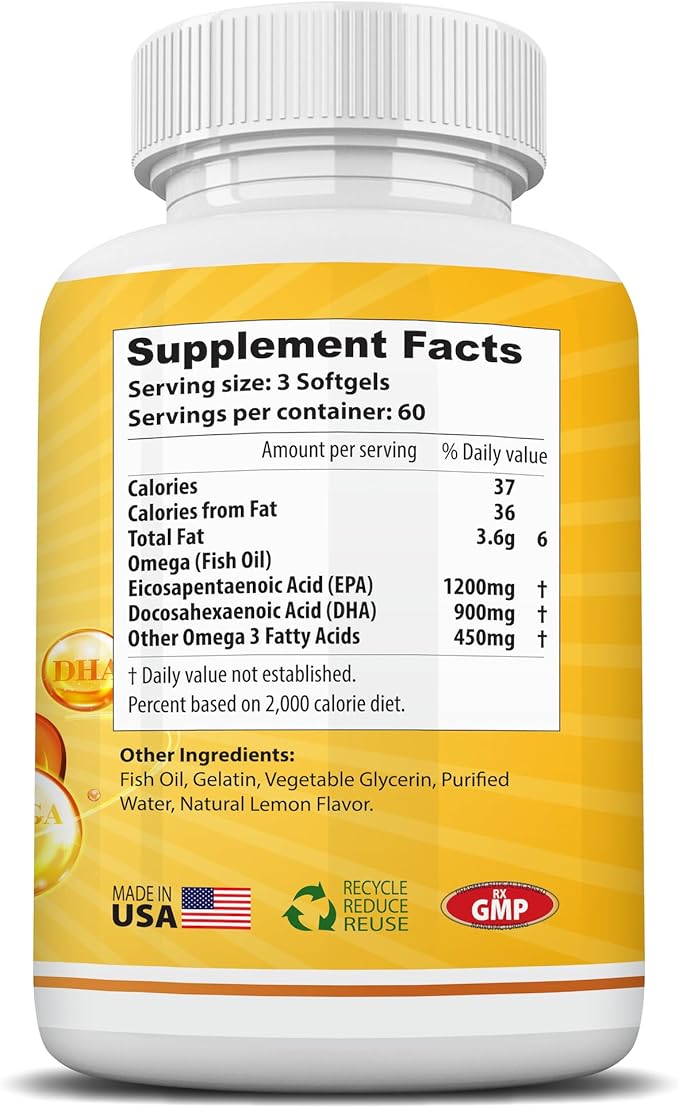 Omega 3 Fish Oil 3750mg Triple Strength | EPA 1200mg + DHA 900mg Fatty Acids | Fish Oil Omega 3 Supplement | Promotes Healthy Heart, Immune System, Eyes, Skin & Brain Function | 180 Burpless Softgels