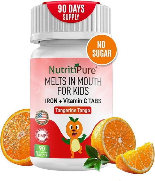 NutriPure Kids Chewable Iron Supplement, Ferronyl® Carbonyl Iron 9 mg, Vitamin C 30 mg, Tangerine Tango Orange Flavor, 90 Count