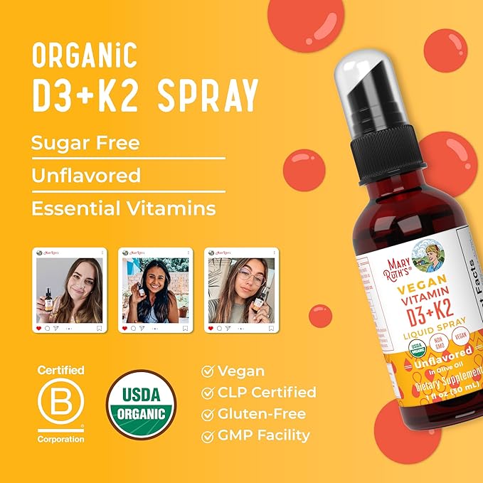 MaryRuth's Vitamin D3 | K2 | Liquid Spray | Supplement for Adults & Kids | Calcium Absorption Strong Bones | Vegan | Non-GMO | Gluten Free | 1 Fl Oz