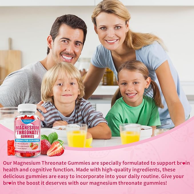 Magnesium L-Threonate Gummies 500mg, Suagr-Free Magnesium Threonate Supplement for Kids & Adults Muscle & Nervous Health Support, Strawberry Flavor 60 Count