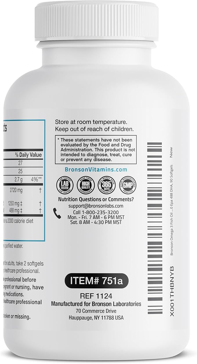 Bronson Omega 3 Fish Oil Triple Strength 2720 mg, High EPA 1250 mg DHA 488 mg, Non-GMO Heavy Metal Tested, 90 Softgels