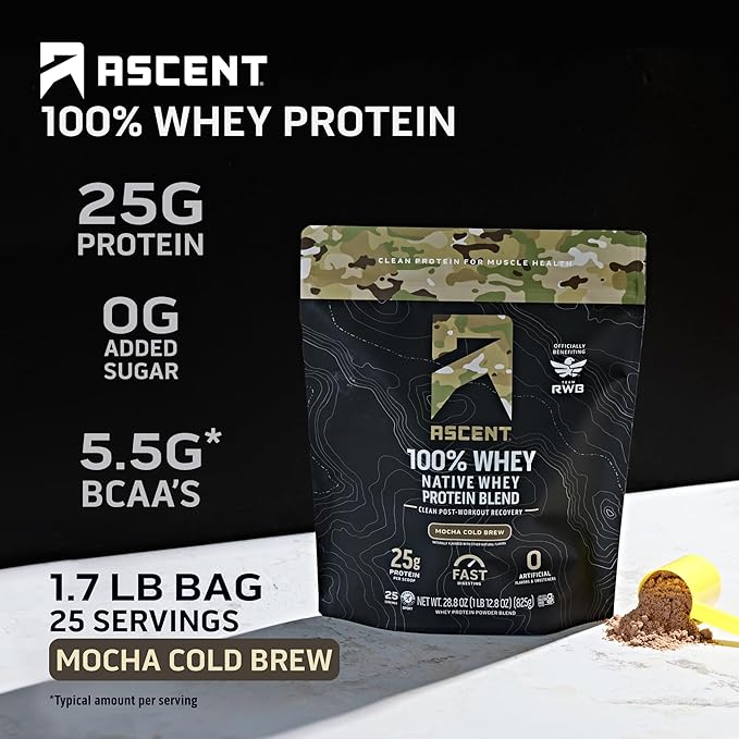 Ascent 100% Whey Protein Powder - Post Workout Whey Protein Isolate, Zero Artificial Flavors & Sweeteners, Gluten Free, 5.5g BCAA, 2.6g Leucine, Military Exclusive, Mocha Cold Brew 1.7 lb